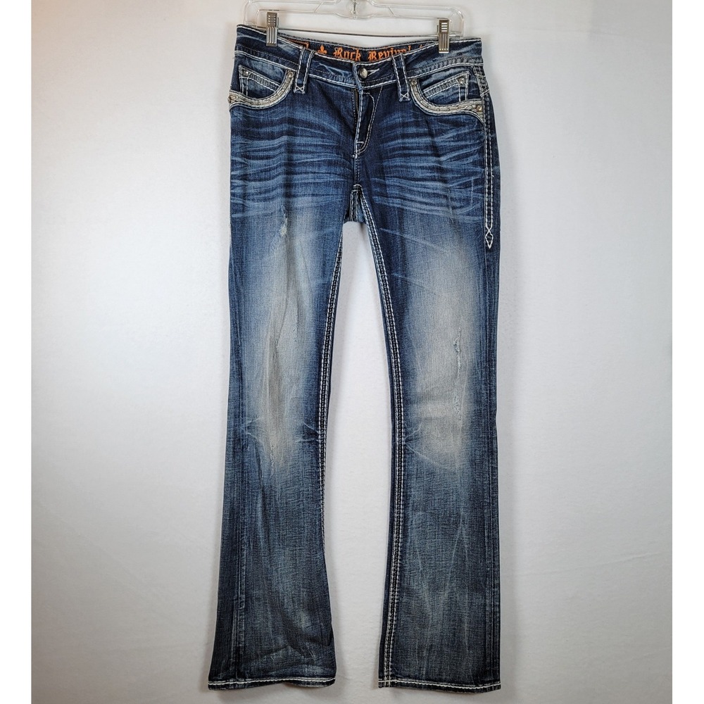 Rock Revival Womens Eleanor Bootcut Dark Wash Rhinestone Jeans Size 31 Blue - Picture 2 of 12